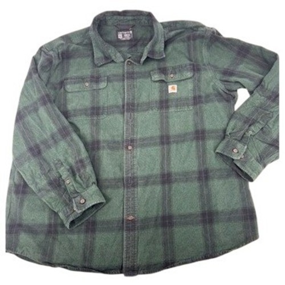 Carhartt Flannel Shirt‎ Mens 2XL Green Plaid Loose Fit Heavy Grunge Workwear